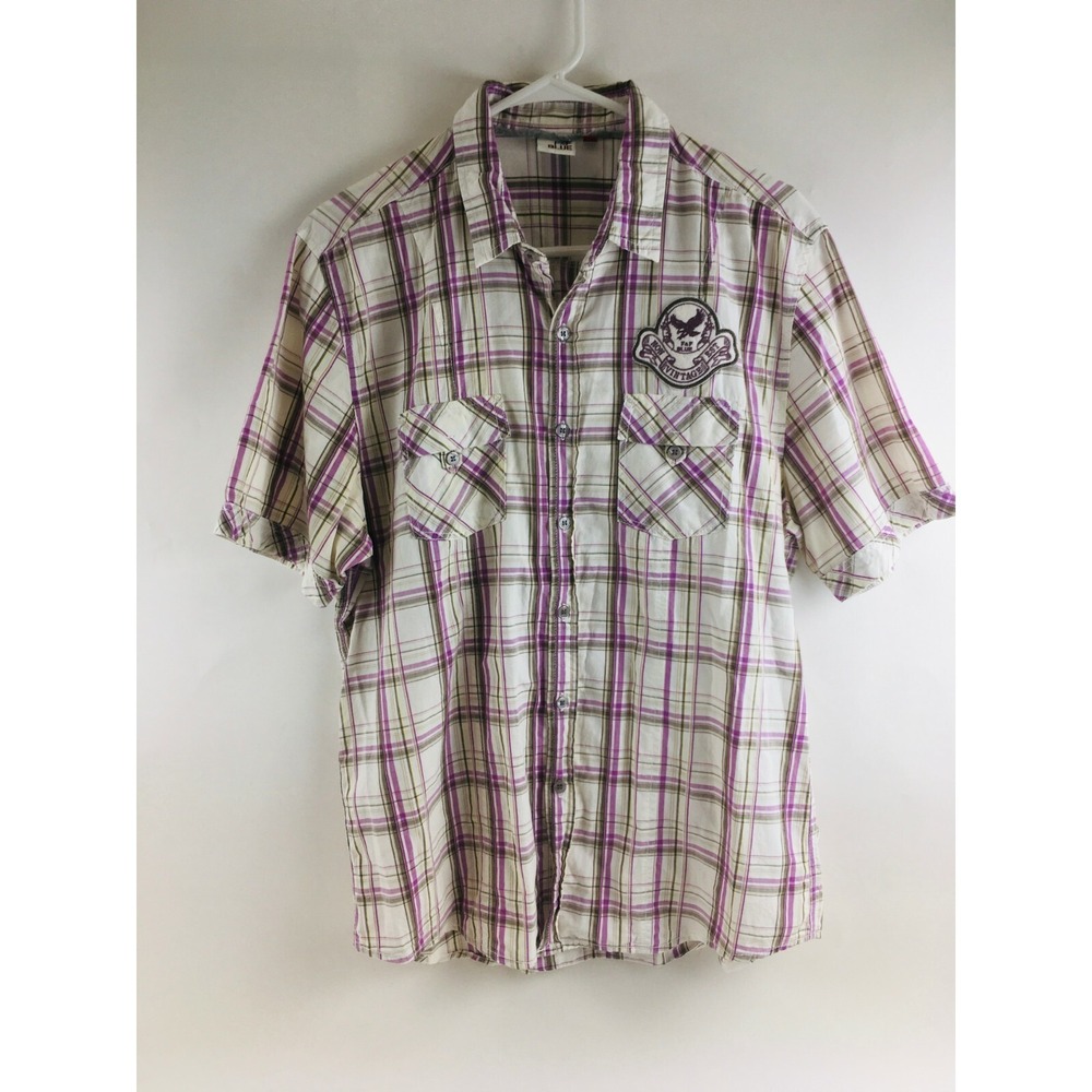 F&F BLUE Shirt Men's Size XL Button Down Short Sleeve Collared Pockets Plaid